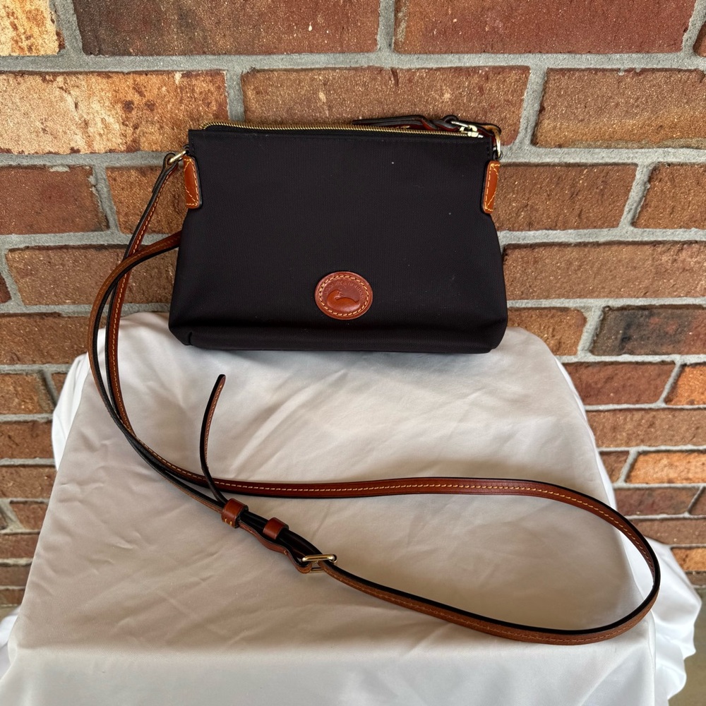 Dooney & Bourke Black Nylon Crossbody Bag with Leather Trim | Red Interior